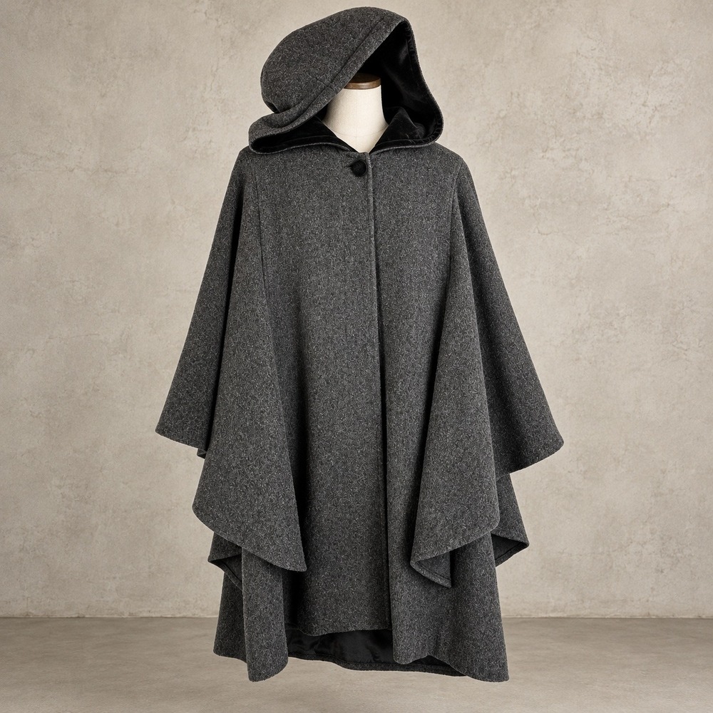 Vintage 100% Wool Cape Velvet Lined Hood Gray Cloak Witchy Goth Dark Mori Hobbit